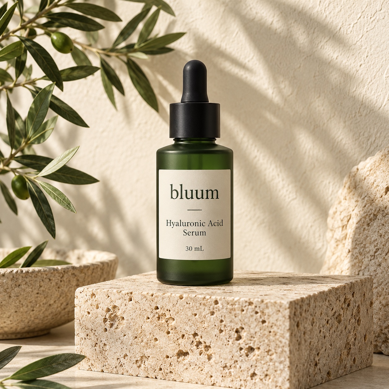 Bluum Hyaluronic Acid Serum in a sage-green dropper bottle on warm stone