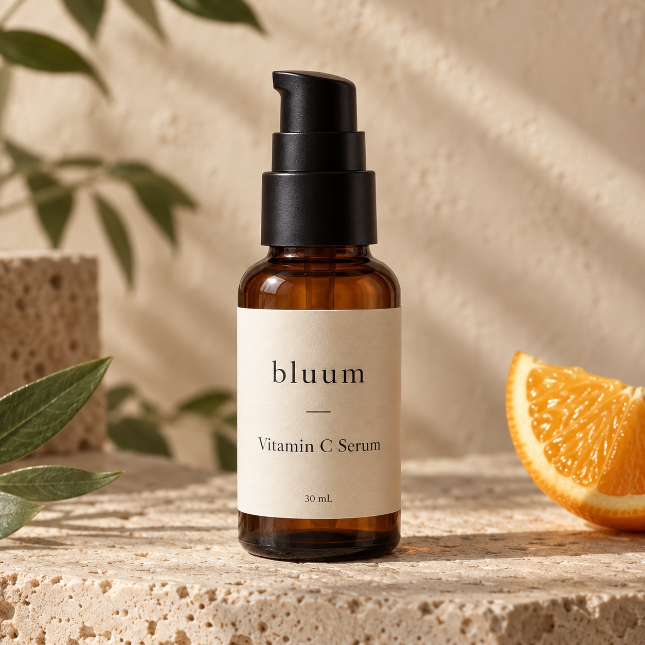 Bluum Vitamin C Serum in an amber pump bottle beside citrus